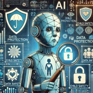 DALLE 2024-07-06 064951 - A detailed illustration representing the impact of AI on child protection showing a concerned AI figure scanning data with child safety symbols like - innovaTopia