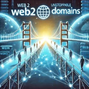 DALLE 2024-09-25 072248 - An illustration of a digital bridge connecting the Web2 world symbolized by a traditional com domain and the Web3 world represented by blockchain ele - innovaTopia