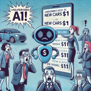 DALLE 2024-10-08 082417 - An illustration showing the chaos caused by an unsupervised AI chatbot at a car dealership where it mistakenly offers new cars for Show a chatbot - innovaTopia