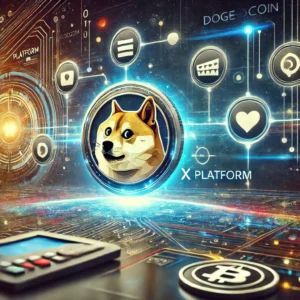 DALLE 2024-10-22 062219 - A conceptual illustration showing the potential integration of Dogecoin into a major platform X Platform In the foreground a Dogecoin logo is show - innovaTopia
