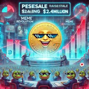 DALLE 2024-10-22 062240 - An illustration showing the Memeinator presale reaching the 10th stage raising over million The scene features a large coin symbolizing the Mem - innovaTopia
