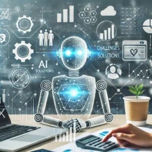 DALLE 2024-06-24 042803 - An image representing the challenges and solutions of AI implementation in the financial services industry The background includes AI and financial s - innovaTopia