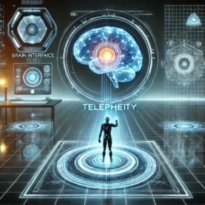 DALLE 2024-06-24 050132 - A futuristic scene with a person using a brain interface device called Telepathy showcasing a holographic communication interface The background inc - innovaTopia