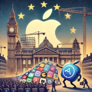 DALLE 2024-06-24 050138 - A scene depicting an Apple logo and various app icons being distributed across different platforms symbolizing the end of App Store exclusivity The - innovaTopia