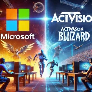 DALLE 2024-06-24 050141 - A dynamic scene showing Microsoft and Activision Blizzard logos with an eSports competition in the background The image highlights the impact of orga - innovaTopia