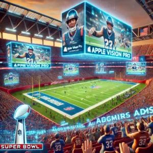 DALLE 2024-06-24 050143 - A scene of the Super Bowl stadium with AR advertisements displayed through Apple Vision Pro The image includes cheering crowds football players and - innovaTopia