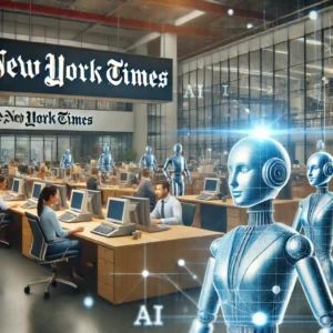 DALLE 2024-06-24 065429 - An image depicting the New York Times newsroom being transformed by AI technology The background features a modern newsroom with journalists working - innovaTopia
