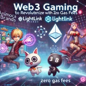 DALLE 2024-06-24 065435 - An image illustrating the collaboration between Animoca Brands and LightLink to revolutionize Web3 gaming with zero gas fees The background features - innovaTopia