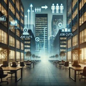 DALLE 2024-06-24 065454 - An image illustrating the wave of layoffs at major tech companies in the name of efficiency The background features office buildings with darkened wi - innovaTopia