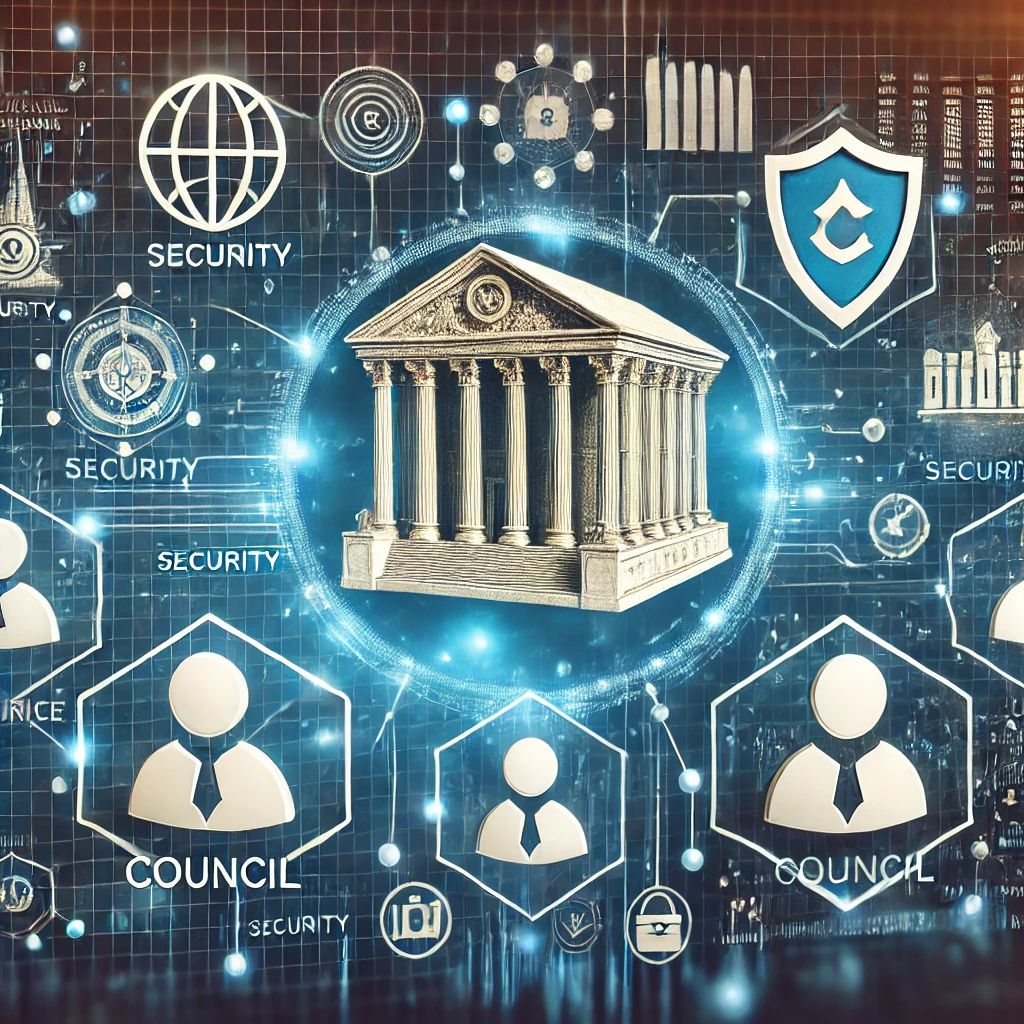 DALLE 2024-06-24 073726 - An image depicting the role and challenges of the Council in protecting the future of blockchain The background features blockchain elements and se - innovaTopia