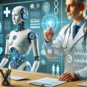 DALLE 2024-06-28 083720 - An advanced AI system named AMIE assisting a doctor in a medical setting with digital interfaces and medical diagnostic tools representing Google - innovaTopia