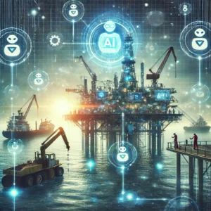 DALLE 2024-06-29 081143 - An oil rig transformed with advanced AI technology glowing with digital interfaces Workers and robotic arms collaborate showcasing increased produc - innovaTopia