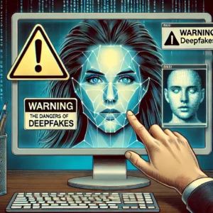 DALLE 2024-06-29 092255 - An illustration highlighting the dangers of deepfakes featuring a celebritys image being manipulated on a computer screen Warning symbols and digit - innovaTopia