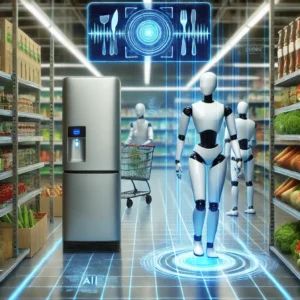 DALLE 2024-06-30 043628 - An illustration of a high-tech futuristic grocery store aisle with robotic assistants stocking shelves A large holographic display shows a virtual a - innovaTopia