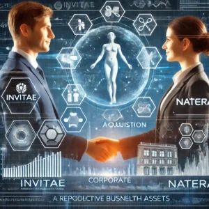 DALLE 2024-06-30 053231 - A corporate acquisition scene featuring representatives from Invitae and Natera shaking hands The background includes digital graphics representing r - innovaTopia