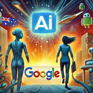 DALLE 2024-07-02 091515 - An illustration showing Google ending its contract with the Australian AI company Appen with a backdrop of intense AI competition - innovaTopia