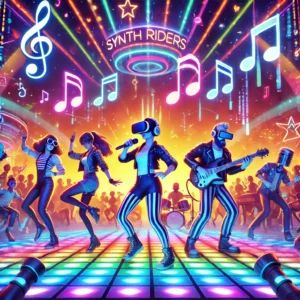 DALLE 2024-07-02 101505 - A vibrant VR dance scene with characters dancing to electro-swing music in the game Synth Riders The image should be lively and energetic with colo - innovaTopia