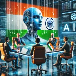 DALLE 2024-07-03 074405 - A futuristic government office with officials discussing AI regulations The background features the Indian flag and digital elements symbolizing the - innovaTopia