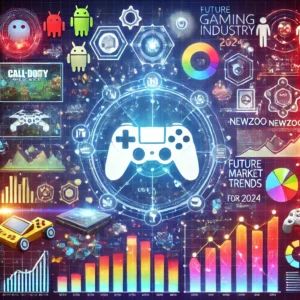 DALLE 2024-07-03 084655 - A vibrant illustration of the gaming industry with various game icons and charts representing the future market trends for 2024 as predicted by Newzo - innovaTopia