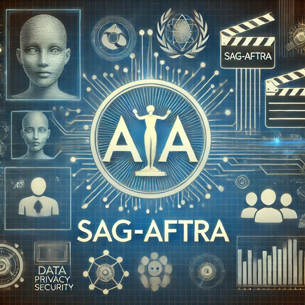 DALLE 2024-07-03 091658 - An illustration showing the SAG-AFTRA logo and digital elements of AI technology The background features symbols of data privacy and security repres - innovaTopia