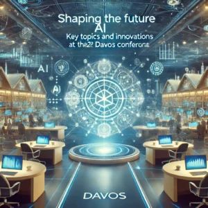 DALLE 2024-07-04 075113 - Shaping the future of AI_ Key topics and innovations at the 2024 Davos Conference The image shows a futuristic conference setting AI symbols and th - innovaTopia