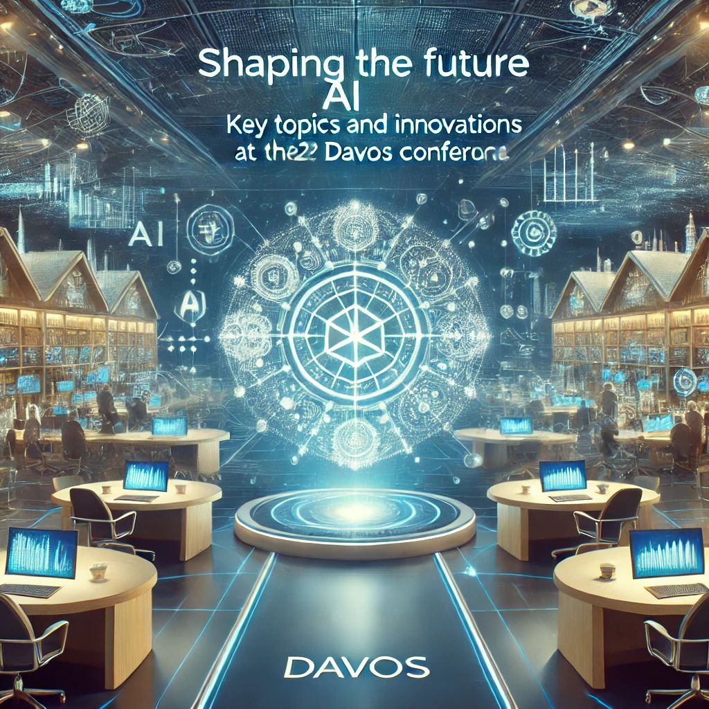 DALLE 2024-07-04 075113 - Shaping the future of AI_ Key topics and innovations at the 2024 Davos Conference The image shows a futuristic conference setting AI symbols and th - innovaTopia