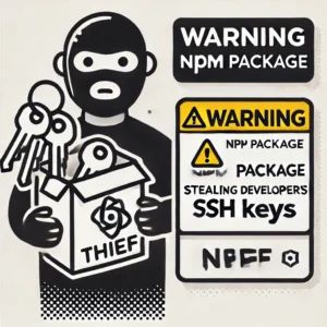 DALLE 2024-07-04 083246 - Warning_ npm package stealing developers SSH keys The image shows a package with a thief symbol SSH keys and a warning sign - innovaTopia