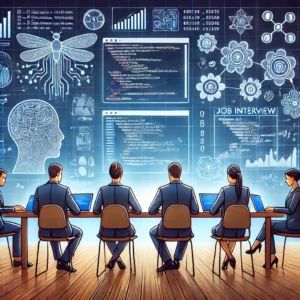 DALLE 2024-07-05 085820 - An illustration showing a job interview scene focused on machine learning Candidates sit at a table with laptops displaying code algorithms and dat - innovaTopia