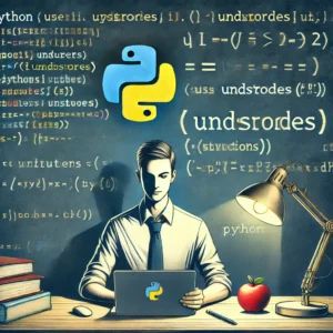 DALLE 2024-07-05 085840 - An illustration of a programmer working with Python using underscores in various ways The background includes a blackboard with Python code snippets - innovaTopia