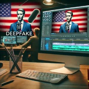 DALLE 2024-07-05 085845 - A political scene showing a deepfake video being created The background includes a computer with video editing software open displaying a politician - innovaTopia