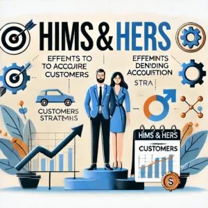 DALLE 2024-07-06 045414 - An illustration showing the Hims Hers logo with a CEO figure and marketing elements indicating efforts to acquire customers while denying acquisiti - innovaTopia