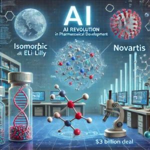 DALLE 2024-07-06 070607 - An illustration of the AI revolution in pharmaceutical development featuring Isomorphics partnership with Eli Lilly and Novartis The scene includes - innovaTopia