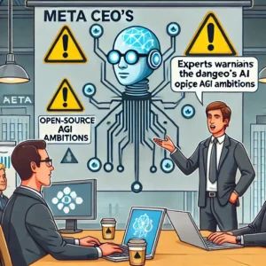 DALLE 2024-07-07 034626 - Illustration of experts warning against the dangers of Meta CEOs open-source AGI ambitions The image should depict elements of AI technology cautio - innovaTopia