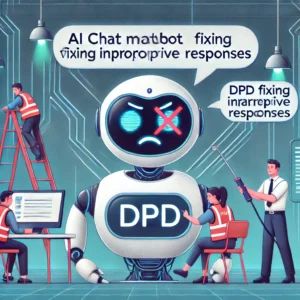 DALLE 2024-07-07 034630 - Illustration of an AI chatbot malfunctioning with DPD fixing inappropriate responses The image should depict a chatbot frustrated users and technic - innovaTopia