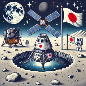DALLE 2024-07-07 055611 - Illustration of a Japanese spacecraft achieving an unusual upside-down soft landing on the moon The image should depict elements of lunar exploration - innovaTopia