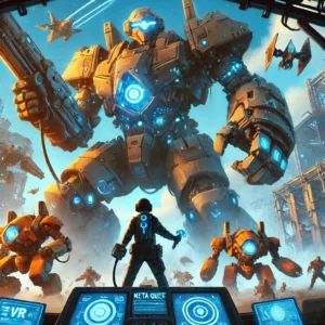 DALLE 2024-07-07 063648 - Illustration of the VR experience UNDERDOGS taking Meta Quest by storm featuring giant mecha The image should depict an exciting VR scene with pla - innovaTopia