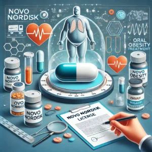 DALLE 2024-07-08 120043 - An illustration of Novo Nordisk obtaining a license for an oral obesity treatment drug The scene includes medical symbols a pill and elements of he - innovaTopia