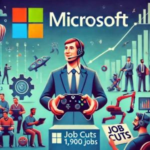 DALLE 2024-07-08 124047 - An illustration of large-scale layoffs in the gaming industry with Microsoft cutting 1900 jobs The scene includes the Microsoft logo gaming elemen - innovaTopia