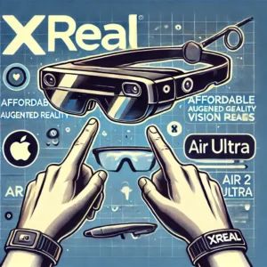 DALLE 2024-07-13 050843 - An illustration showing a pair of augmented reality glasses with the Xreal logo representing the affordable AR glasses Air 2 Ultra challenging Appl - innovaTopia