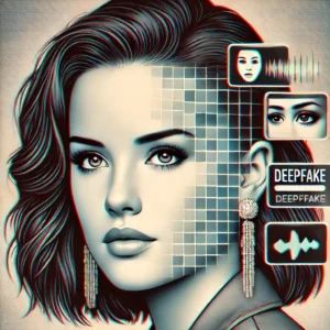 DALLE 2024-07-13 052933 - An illustration showing a famous female singer with a digital face overlay representing the issue of deepfake technology The image should convey the - innovaTopia