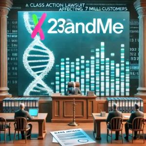 DALLE 2024-07-13 072000 - A scene depicting a data breach at a genetics company The background shows the 23andMe logo with legal documents and a courtroom emphasizing a class - innovaTopia