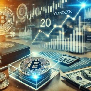 DALLE 2024-07-13 075319 - A professional financial scene showcasing the launch of CoinDesk 20 as a new market barometer Charts and graphs in the background with digital ass - innovaTopia