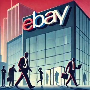 DALLE 2024-07-16 095526 - eBay to lay off 1000 employees in major cost-cutting move An illustration of the eBay logo with a silhouette of people leaving an office building s - innovaTopia