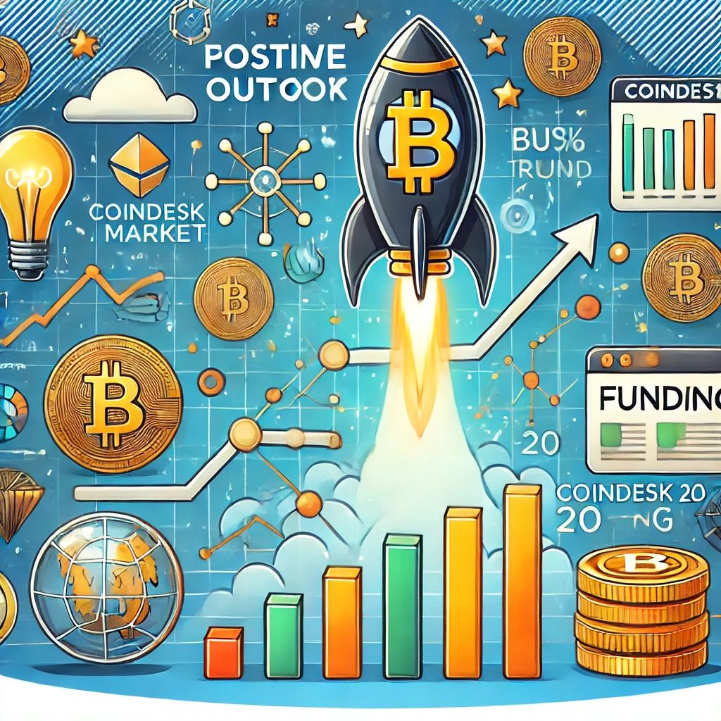 DALLE 2024-07-20 051619 - Illustration showing the positive outlook of the cryptocurrency market with a bullish trend and CoinDesk 20s funding rates Elements include bullish - innovaTopia