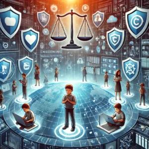 DALLE 2024-09-13 070039 - An illustration for Ensuring childrens online safety_ Emerging legal requirements and challenges The image shows a digital landscape where childre - innovaTopia