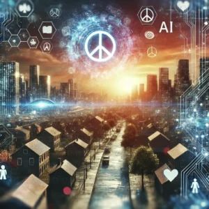 DALLE 2024-09-13 070046 - An illustration representing the use of AI for peaceful conflict resolution showing a futuristic city with digital screens displaying messages of hop - innovaTopia