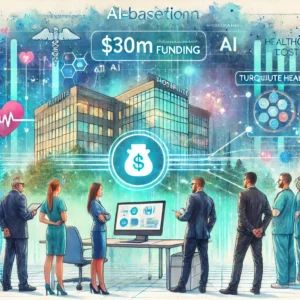 DALLE 2024-09-19 052115 - A vibrant watercolor illustration showing the integration of AI into healthcare cost transparency In the foreground executives from Turquoise Health - innovaTopia