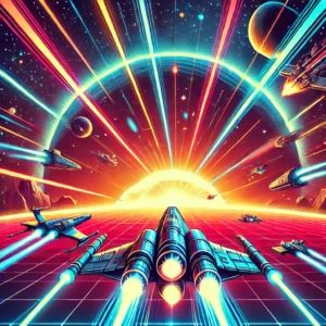 DALLE 2024-09-20 065114 - An intense space combat scene with a futuristic spaceship in the center firing lasers at enemy ships The background features a starry sky and distan - innovaTopia