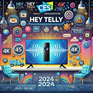 DALLE 2024-09-24 062152 - A vibrant illustration featuring the Hey Telly innovation at CES 2024 It shows a modern 55-inch 4K TV with a voice assistant represented by a digit - innovaTopia