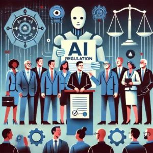 DALLE 2024-09-24 063837 - An illustration of a bipartisan group of lawmakers presenting an AI regulation bill The scene shows a group of diverse political figures standing tog - innovaTopia